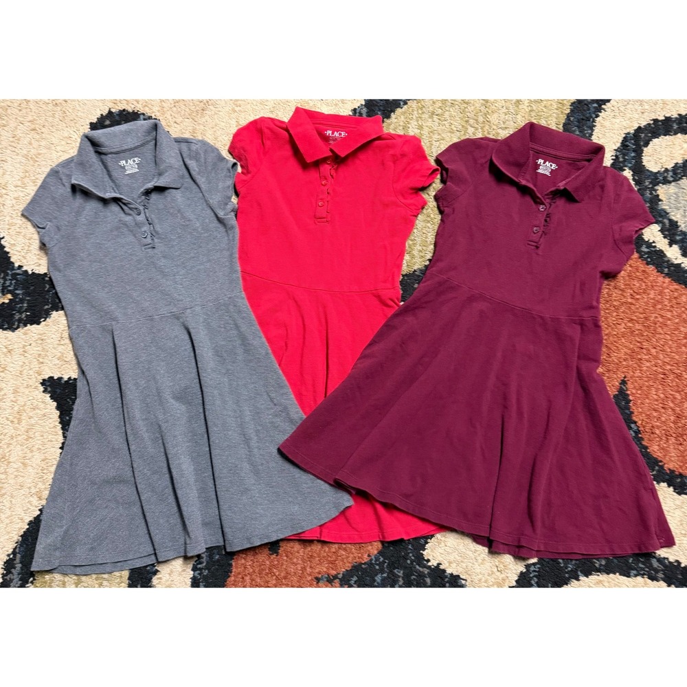 Childrens Place Girls Polo Dress Bundle 3 Pack Gray Red Burgundy Size M 7/8